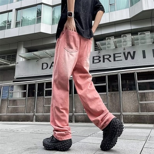 男牛仔裤渐变粉色宽松直筒长裤NK109 P50图片