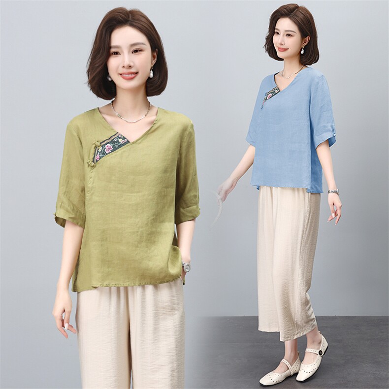 高端时尚棉麻阔腿裤套装女2024夏季新款复古刺绣民族风亚麻两件套，女装套装/套裙，凝聚力