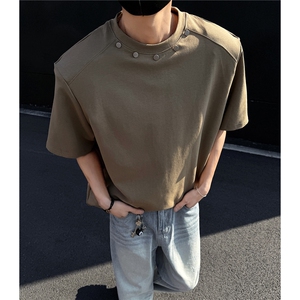 主推 美式小众金属纽扣设计感垫肩短袖高级T恤廓形半袖 D412 P28图片