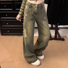 [008]废土风脏色破洞牛仔裤女百搭小众阔腿裤A079-N163-P44，男装牛仔裤，电商A079