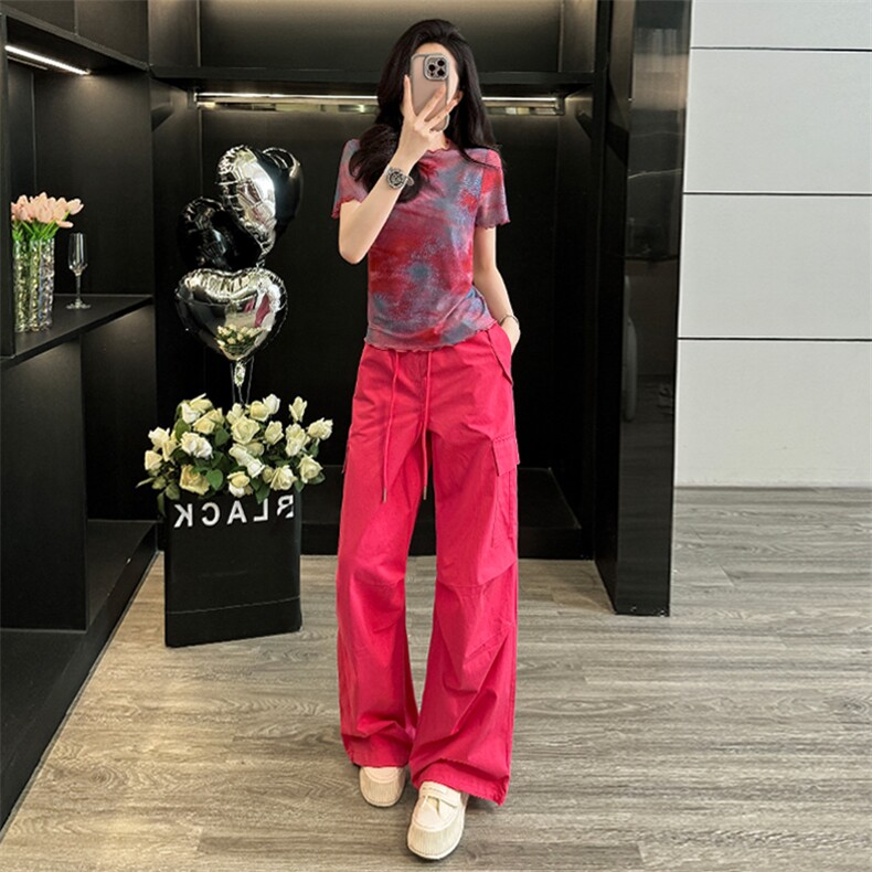 女夏新款时尚运动休闲套装洋气减龄玫红色圆领上衣阔腿长裤两件套,女装套装/套裙,江南