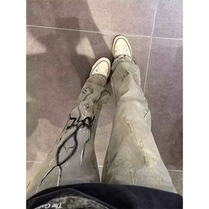 潮牌时尚炸街裤子男款美式高街火焰黄泥直筒牛仔裤夏季薄款微喇裤图片