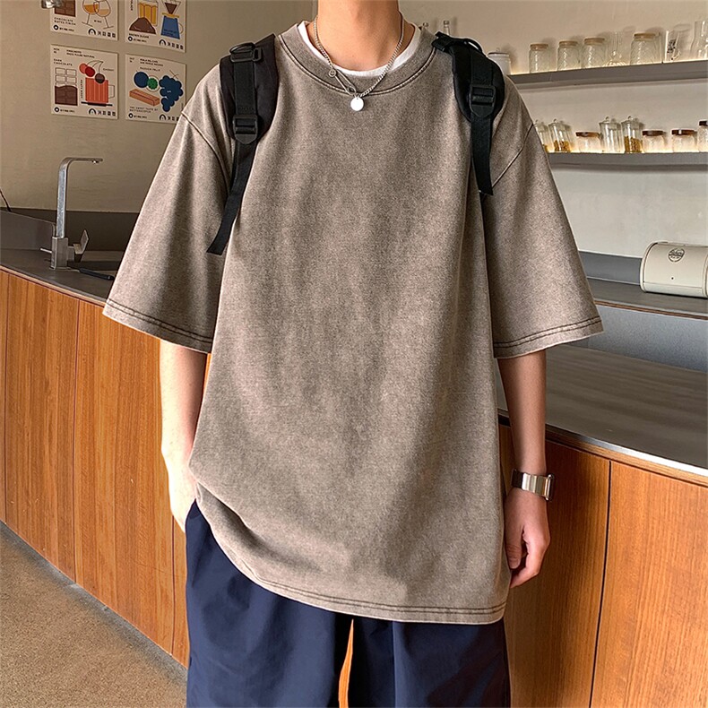 X1025-TP25港风重磅240克水洗T恤可二开2023夏季短袖男宽松上衣,男装T恤,电商A102-1