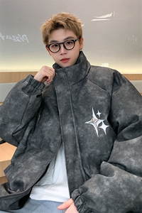 港风PU皮复古做旧可拆卸四芒星胸针设计棉衣男MY77721P128控168图片