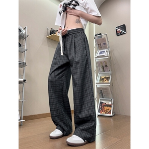 XK468-P35灰色格子裤男夏季薄款慵懒松弛感美式休闲阔腿直筒裤图片