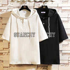 LD54229-P45连帽短袖t恤男大码胖子带帽五分袖中袖砖墙挂拍，男装T恤，电商A040A
