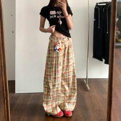格子弯刀休闲裤女设计感宽松阔腿裤拖地裤带公仔饰品XQ1275-p52图片
