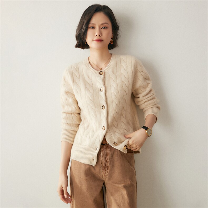 三股加厚~绞花山羊绒开衫2025秋冬女装通勤百搭针织羊毛毛衣外套,女装羊绒衫,绒创羊绒