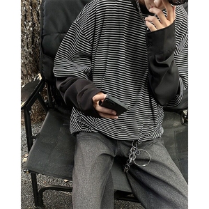 cleanfi条纹假两件卫衣男春秋美式潮牌拼接圆领长袖t恤ST492-P46图片