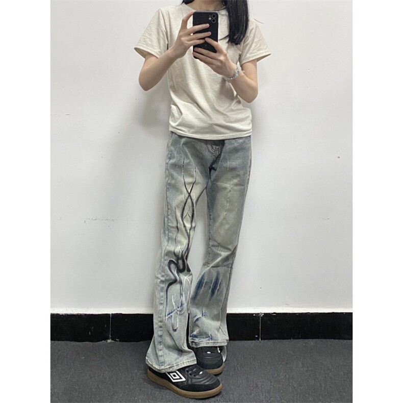 【网图现货】美式高街黄泥色牛仔裤直筒火焰残影裤子CCNZ05-特P58,男装牛仔裤,星座1007（原301D）