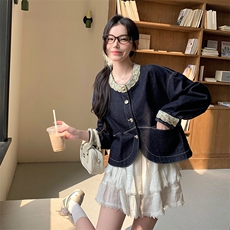 蕾丝拼接小香风牛仔外套女2025春季新款超好看减龄小个子夹克上衣，女装短外套，2C029