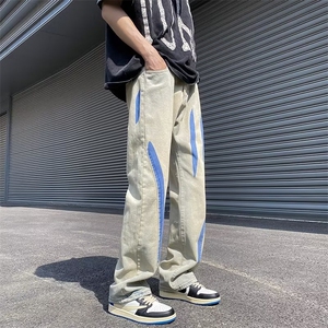 街头宽松黄泥牛仔裤男女做旧水洗撞色分割高街K712P45图片