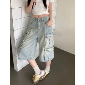 多口袋工装七分牛仔裤男女韩版潮流2025夏季ins短裤子RK2602-P59图片