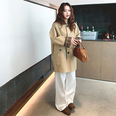 秋新款宽松咖色格纹拼接短款风衣外套，女装风衣，浙宝233