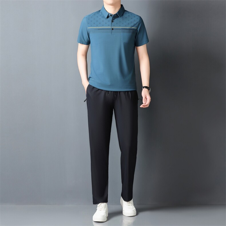夏季男士短袖长裤套装POLO衫凉感透气翻领简约爸爸休闲冰丝套装,男装休闲套装,钱塘6003（原4033）