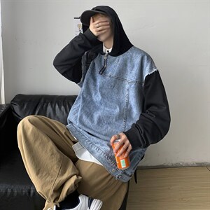 港风假两件卫衣拼接牛仔衣连帽夹克外套休闲宽松中性 H201/P70图片