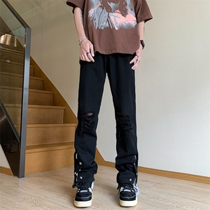 新款美式高街ins小众拉链排扣破洞休闲牛仔裤货号K642P6078图片