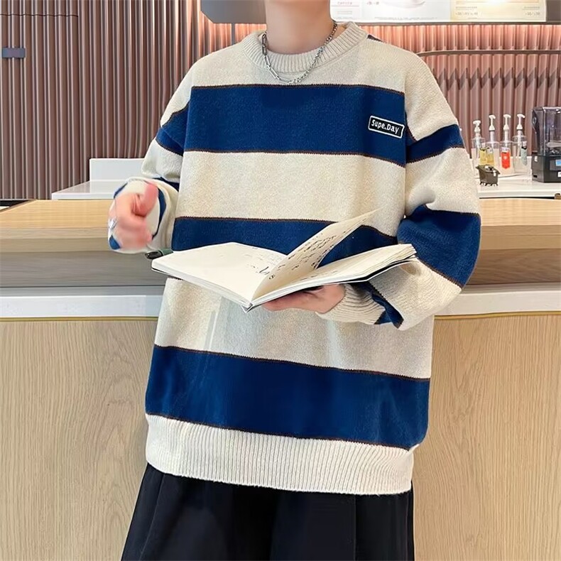 条纹撞色毛衣男秋冬季新款宽松休闲针织衫线衣外套M5641/P50,男装针织衫/毛衣,星座506