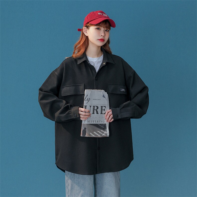 中性风华夫格工装衬衫女大码M-5XL情侣衬衣女长袖衬衫女CS7754P45，男装衬衫，星座227-7