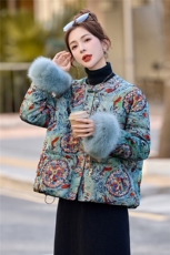 新中式提花真狐狸毛短款羽绒服女2025年冬季时尚洋气外套90白鸭绒，女装羽绒服，润尚靓点