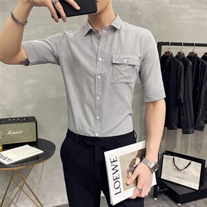 现货 2021 条纹短袖衬衫男修身抗皱CS14P45图片