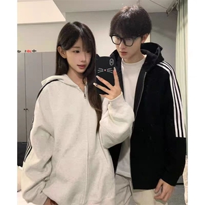 双拉链三条杠美式卫衣男秋季青少年酷帅重磅连帽衫高级感条纹外套图片