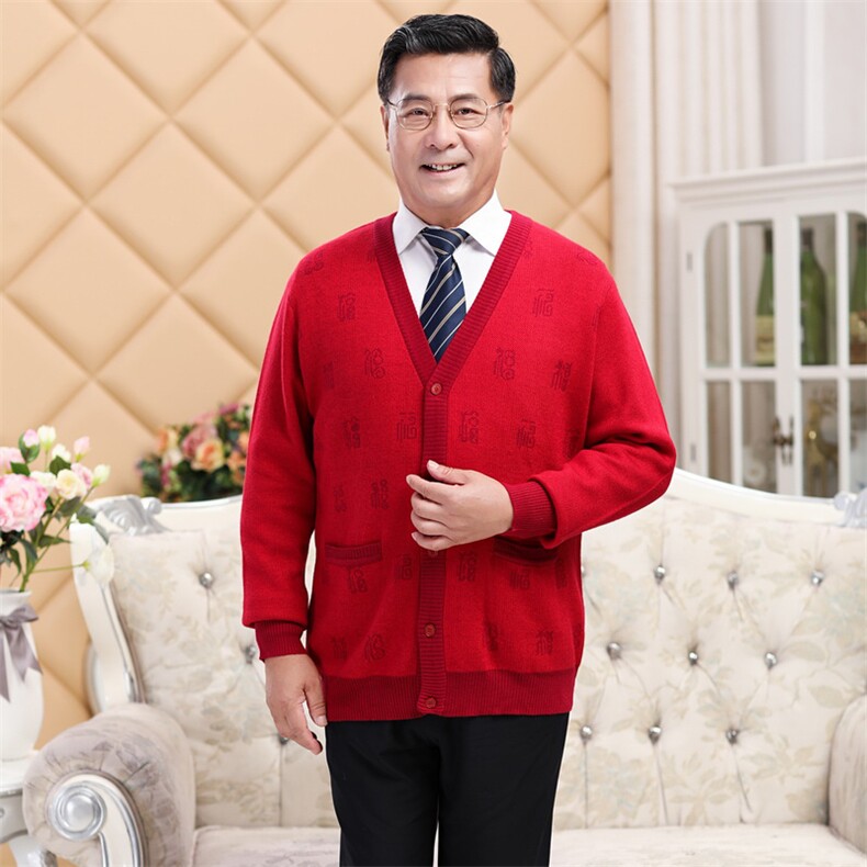 中老年羊毛开衫加绒加厚红色喜庆爸爸妈妈针织毛衣本命年外套，男装中老年男装，亚东羊绒制品