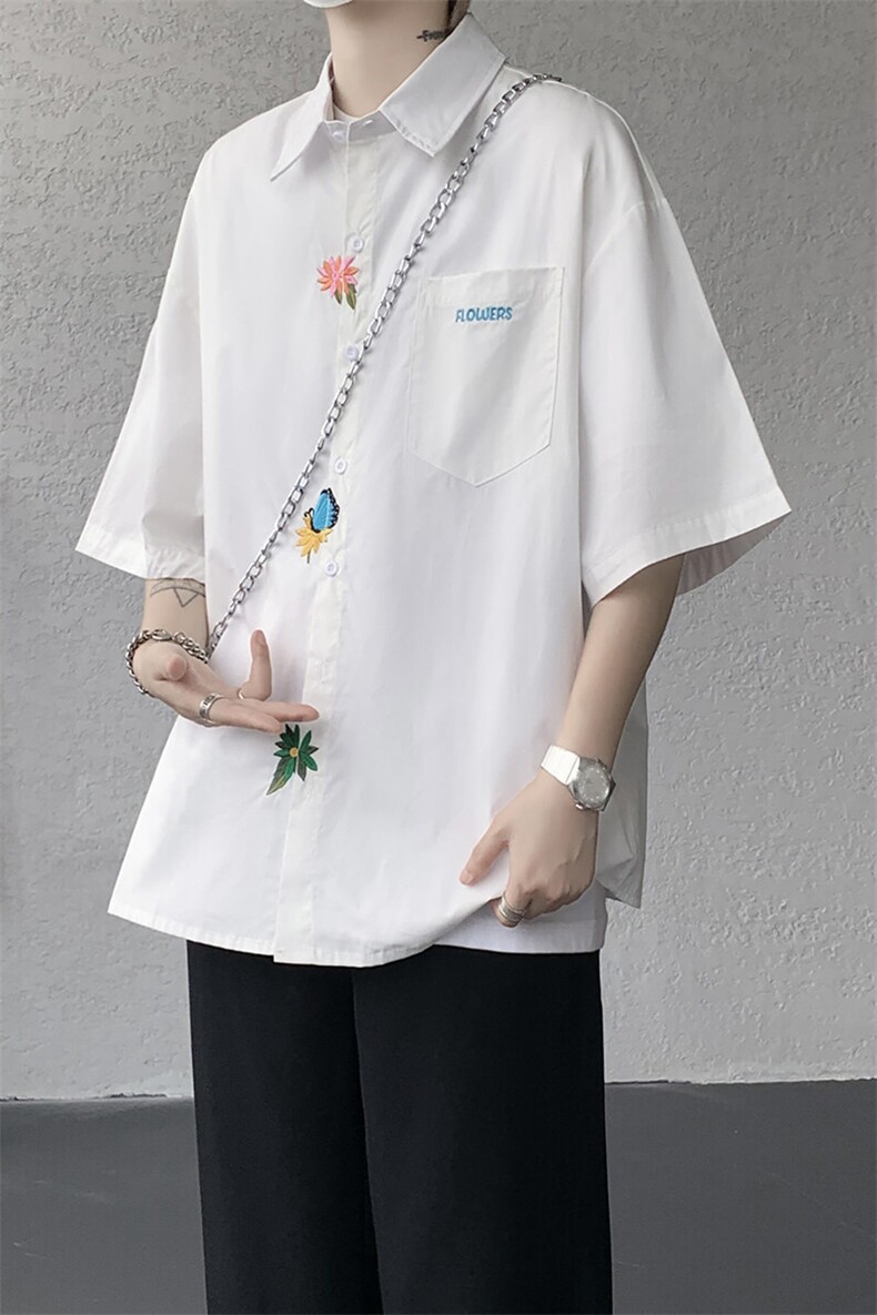 设计感重工花卉刺绣短袖衬衫高级大码美式痞帅衬衣外套DC5011/P45,男装衬衫,电商B238