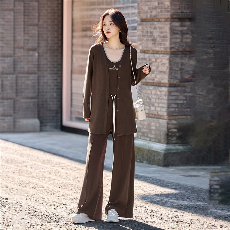 休闲时尚慵懒风气质套装女2025春秋新款洋气减龄宽松阔腿裤三件套,女装套装/套裙,伊仟回