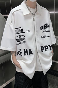 405A  高街美式设计感拉链装饰印花衬衫短袖T恤   CS03-P45控68图片