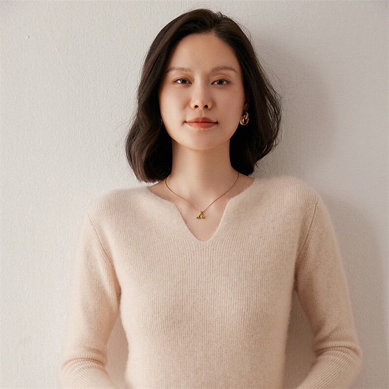 2025年秋季新款十二针V领紧身打底针织上衣时尚休闲通勤百搭,女装羊绒衫,米琪莲羊绒