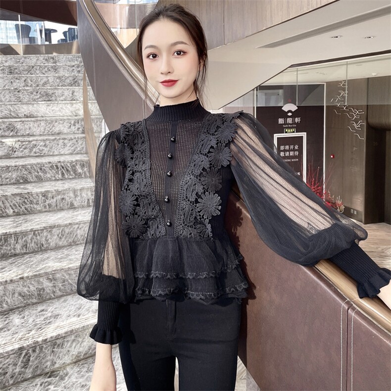 2021春装新款时尚休闲宽松舒适针织衫,女装蕾丝衫/雪纺衫,深水步