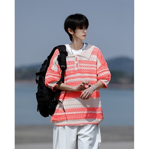 8XL-M 特大码美式复古条纹撞色针织POLO衫翻领休闲短袖TDX311P35图片