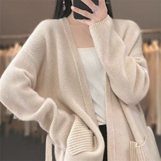 春秋新款100%毛开衫女v领中长款外搭宽松腰带毛衣羊绒针织外套，女装针织衫/毛衣，萱芳婷羊绒