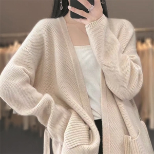 春秋新款100%毛开衫女v领中长款外搭宽松腰带毛衣羊绒针织外套图片