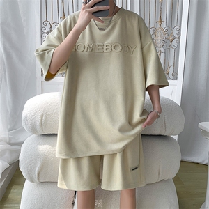 夏季宽松钢印麂皮绒套装男T恤短裤两件套港风B299-X5398-P70控88图片