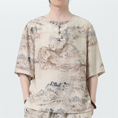 2025春节新款男装风冰丝印花盘扣唐装衬衣短袖T恤C105-P45，男装T恤，电商B277(原6028)