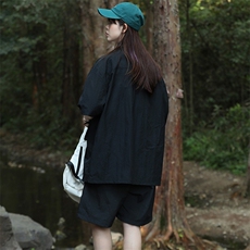 夏款中性风纯色翻领衬衫潮绣标短裤半袖套装男女8715-P80控价128，男装衬衫，电商A441-1