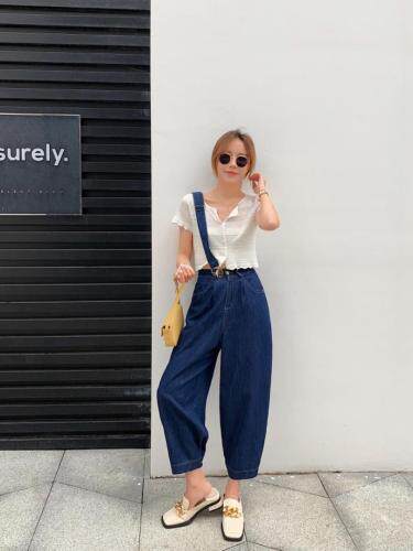 一条肩带收口牛仔裤，女装牛仔裤，肆尔