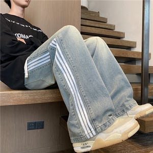 秋季新款美式潮流高街条纹宽松直筒水洗牛仔裤B315-K140-P55控78图片