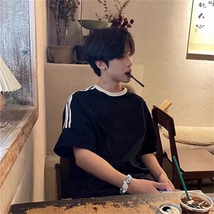 夏季美式高街重磅纯棉三条杠织带撞色男女短袖T恤ZD505-特P30图片