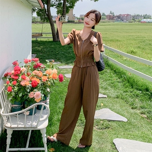 休闲时尚套装女2025夏季新款泡泡袖短袖V领上衣阔腿裤气质两件套图片