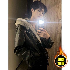 现货冬季美式潮牌痞帅PU皮机车服棉衣毛毛绒狼王座山雕皮棉服，男装棉衣，电商A443
