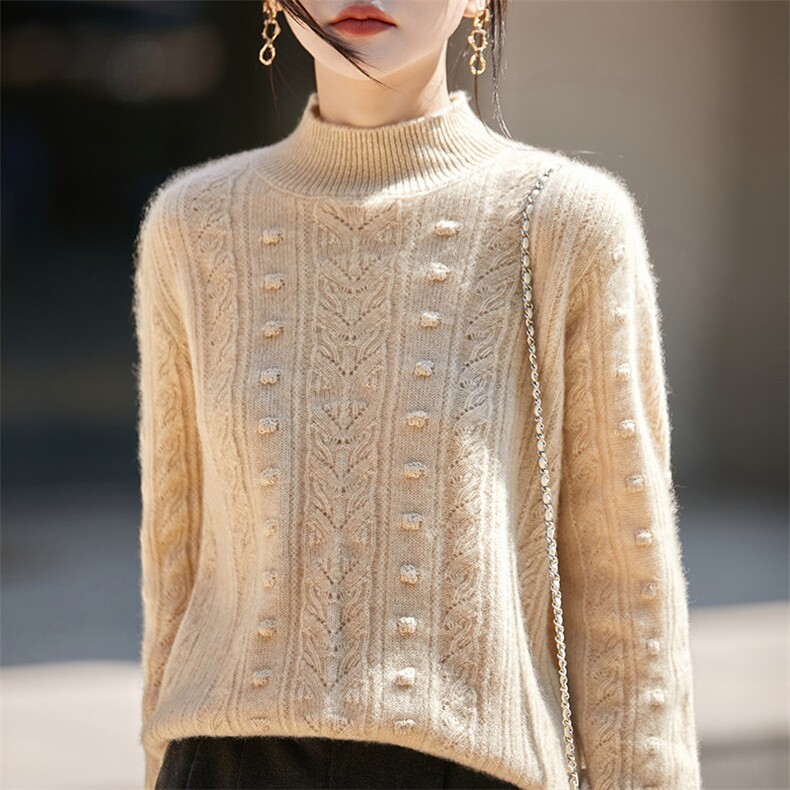 高端100%纯羊毛提花针织衫女毛衣2025秋冬新洋气保暖保暖内搭，女装羊毛衫，吉高羊绒