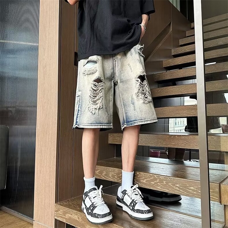 复古牛仔短裤男水洗做旧破洞五分裤新款休闲宽松中裤子DN983-p38,男装牛仔裤,星座1008