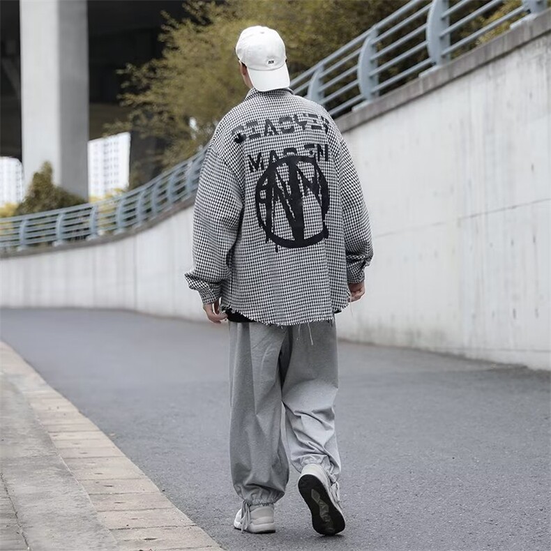 复古字母印花格子衬衫男春新季款街头嘻哈潮流宽松外套JK937-P68,男装夹克,星座1103-3