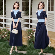 蓝色露肩软牛仔半身裙两件套女夏季独特绝美超火巨好看ootd一整套，女装套装/套裙，鑫鑫美