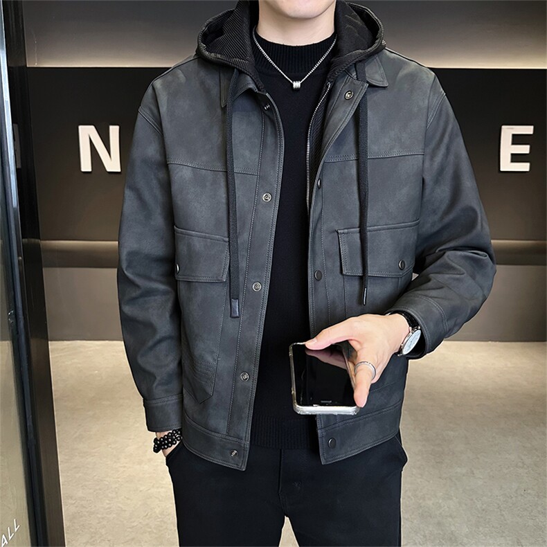 店主风2025秋新款假两件连帽可拆卸皮衣男夹克外套5035-P165,男装皮衣,电商B338