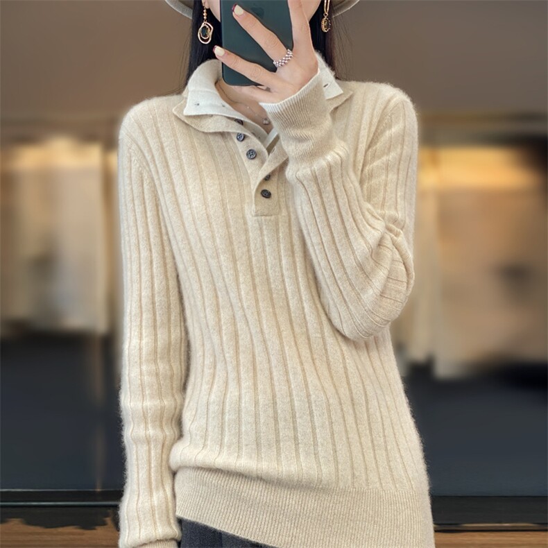 撞色POLO领假两件100%纯羊毛衫女2025新款气质保暖内搭针织毛衣冬,女装羊毛衫,昭美羊绒