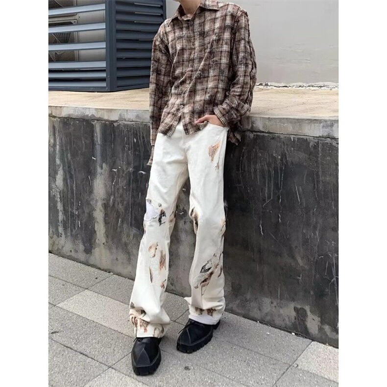 DB07-特P50新款美式火焰蕾丝宽松牛仔裤男女夏季拖地裤-网图现货,男装牛仔裤,星座603-2